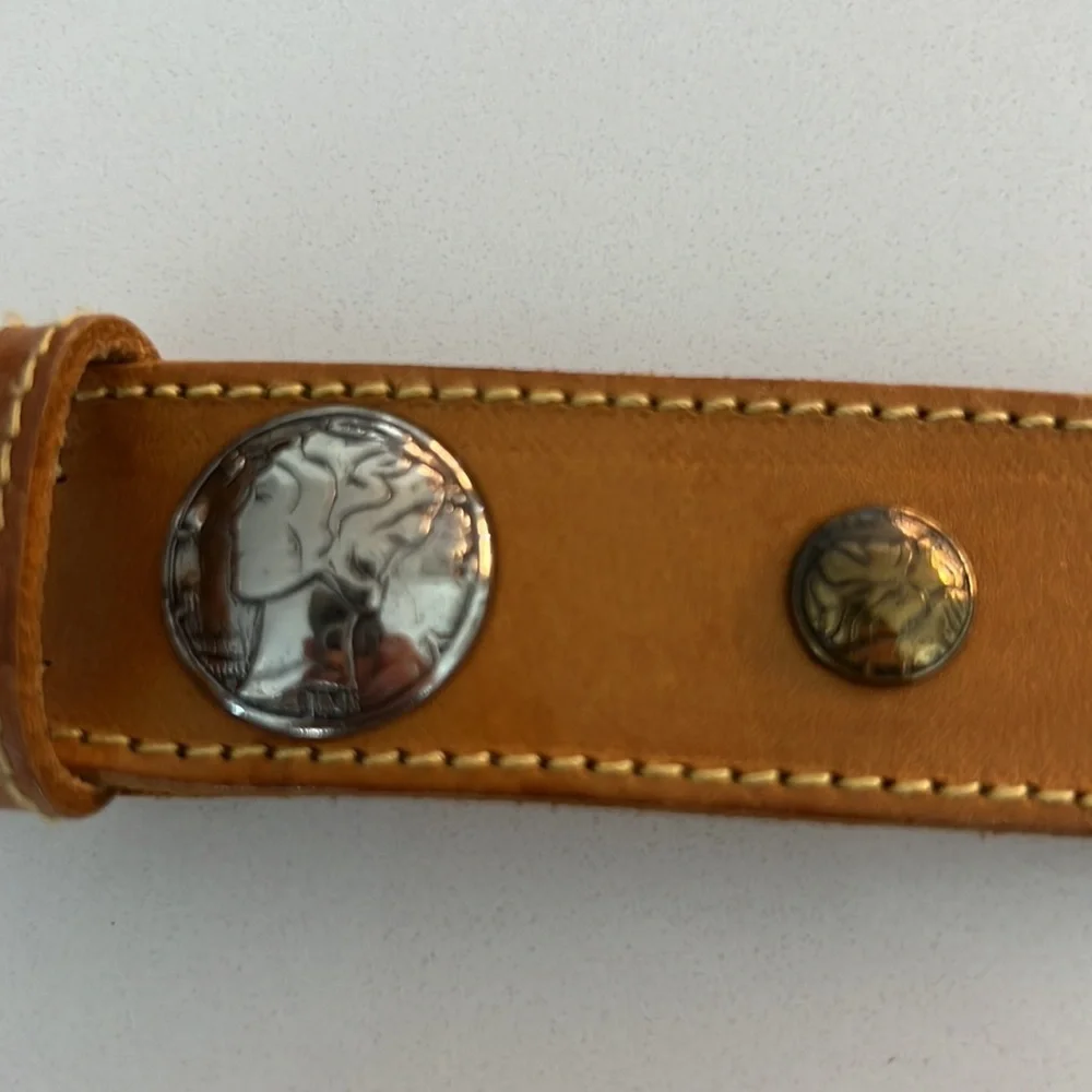 VTG Mustard Yellow Leather Coin Belt Brass Silver Metal Medallions Western Boho
